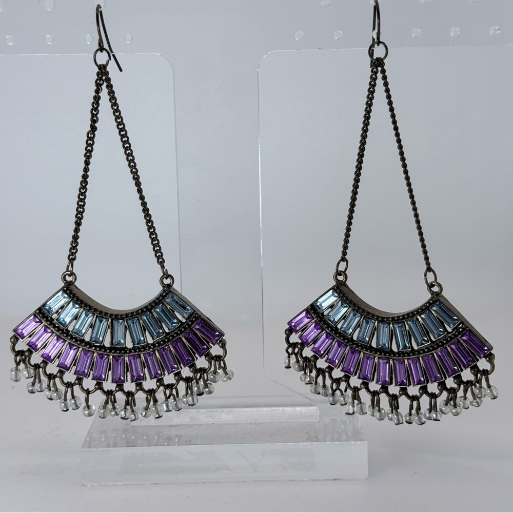 Vintage Dangle Fan Shape Purple Clear Baguette Rhinestone Earrings
